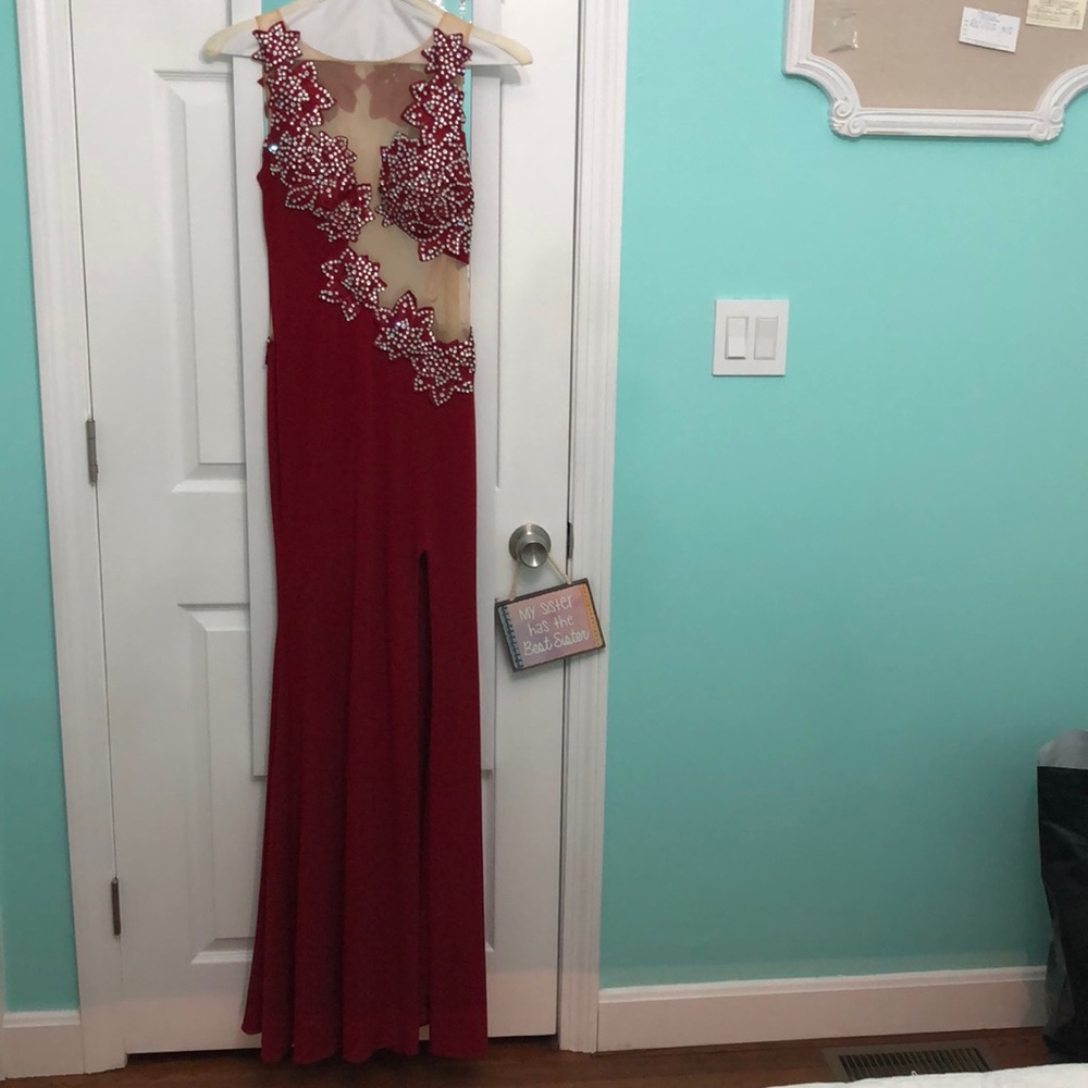 Jovani deep red long dress with diamond detailing